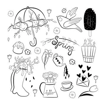 Hand draw spring sketch set. Black and white version. Stock Illustration