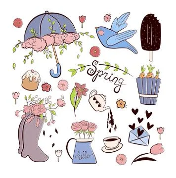 Hand draw spring sketch set. Black and white version. Stock Illustration