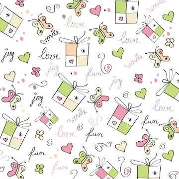 Hand draw texture - seamless pattern with hearts, gifts, butterflies, flowers Stock Illustration
