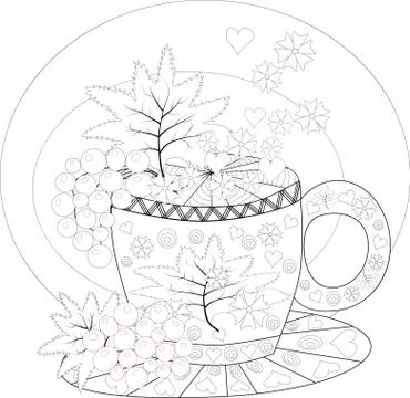 Hand draw vector coloring book for adult. Teatime. Cups of tea, fruits and fl Stock Illustration