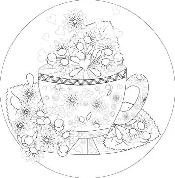 Hand draw vector coloring book for adult. Teatime. Cups of tea, fruits and fl Stock Illustration