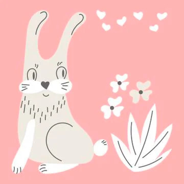 Hand draw vector illustration with a cute bunny, flowers and hearts on a pink Stock Illustration
