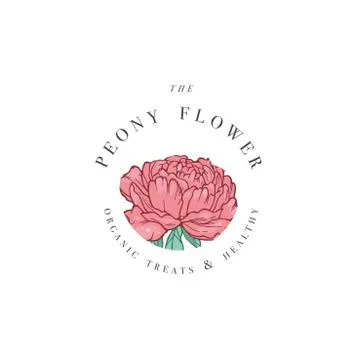 Hand draw vector peony flowers logo illustration. Floral wreath. Botanical Stock Illustration
