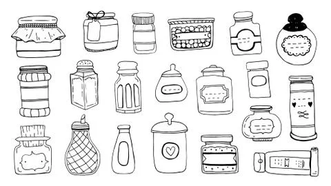 Hand draw vector set of condiment bottle sketch. Stock-Illustration