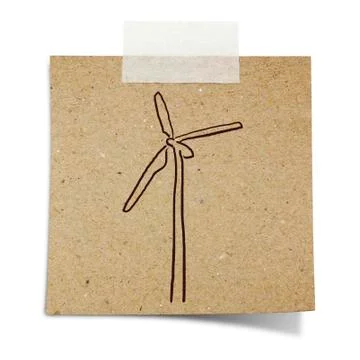 Hand draw wind turbine on note taped recycle paper 写真素材