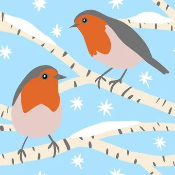 Hand drawin seamless pattern of wild robin bird on blue background. Red breat Stock Illustration