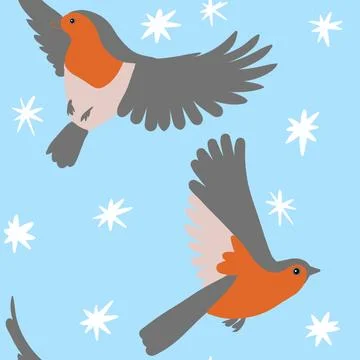 Hand drawin seamless pattern of wild robin bird on blue background. Red breat Stock Illustration