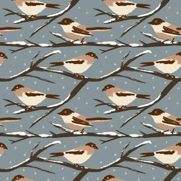 Hand drawin seamless pattern of wild brown bird on blue grey background. Red Stock Illustration