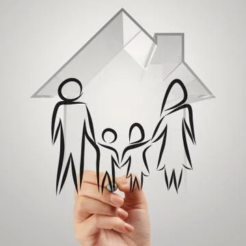 Hand drawing 3d house wtih family icon as insurance concept Stock Illustration
