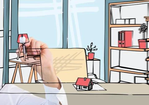 Hand drawing 3d office lines, in the screen. With color Stock Photos