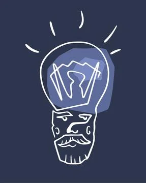 Hand drawing abstract line man with lightbulb instead of head. Stock Illustration
