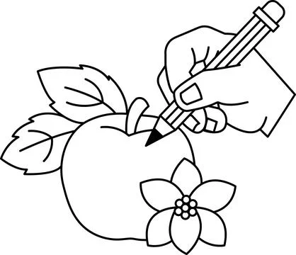 A hand is drawing an apple with a pencil Illustrazione stock