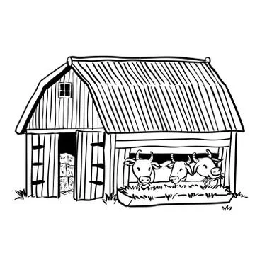 Hand drawing barn with three cows-Vector Illustration Stock Illustration