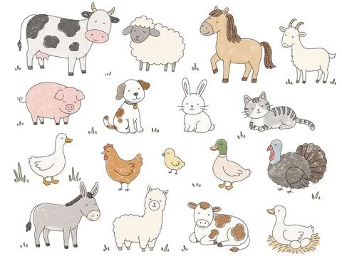 Hand drawing barnyard animals collection with farm pets Stock Illustration