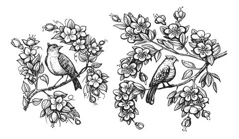 Hand drawing bird on tree branch. Nightingale and flowers in vintage engraving Stock Illustration