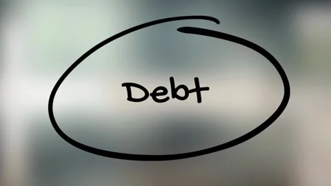 Hand drawing a black circle around the word Debt on glass Stock Footage 334572403