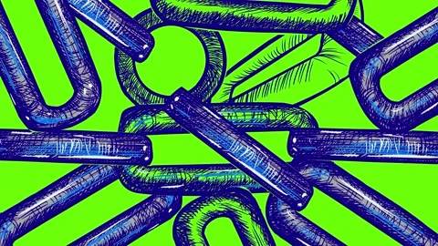 Hand-drawing blue metal chains on a green background. Stock animation of chains 库存影片 339022200