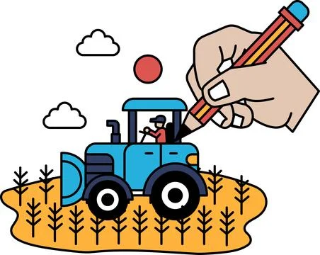 A hand is drawing a blue tractor with a red sun in the sky Stock Illustration
