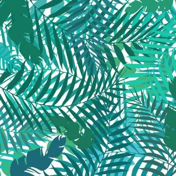 Hand drawing botanical exotic pattern with green palm leaves. Summer backgrou Stock Illustration