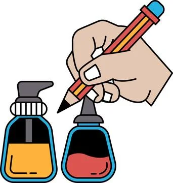 A hand is drawing on a bottle with a pencil Stock Illustration