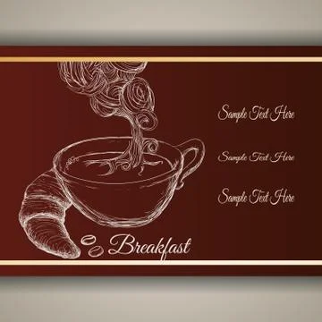 Hand drawing breakfast cup coffee bread poster brown background Stock Illustration