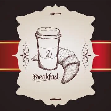 Hand drawing breakfast cup plastic coffee bread croissant vintage badge Stock Illustration