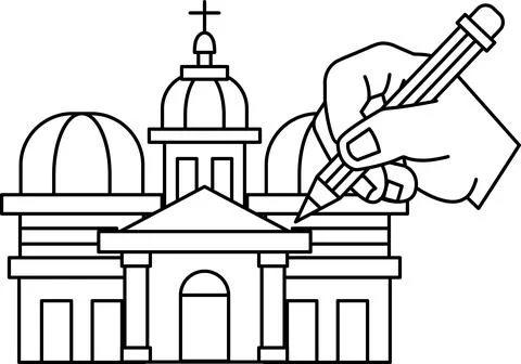 A hand is drawing a building with a pencil Ilustración de archivo