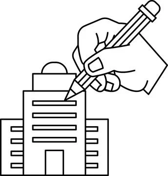 A hand is drawing a building with a pencil Ilustración de archivo