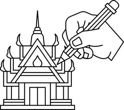 A hand is drawing a building with a pencil Ilustración de archivo
