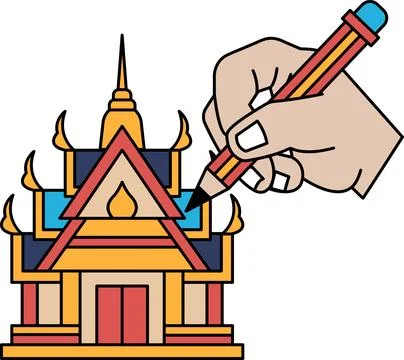 A hand is drawing a building with a pencil Stock Illustration