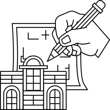 A hand is drawing a building with a pencil Ilustración de archivo