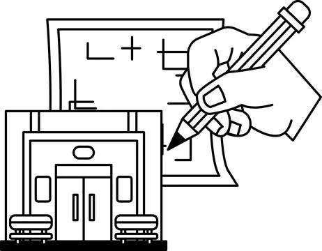 A hand is drawing a building with a pencil Ilustración de archivo