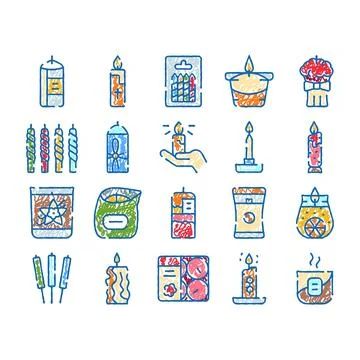 Hand drawing burning candles various shapes and types Stock Illustration
