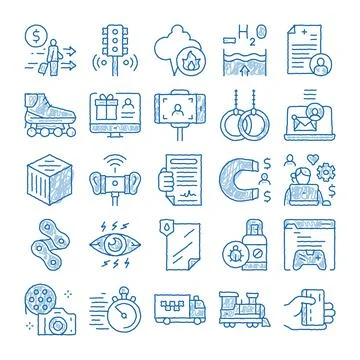 Hand drawing business and technology blue icons Stock Illustration