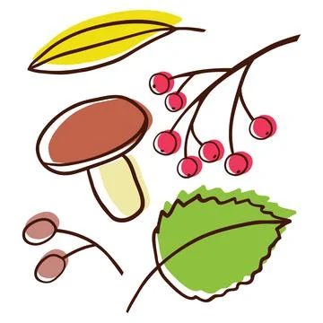 Hand drawing cartoon autumn falling leaves, mushroom, rowan Stock Illustration