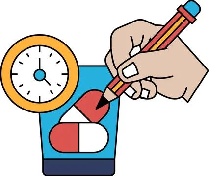 A hand is drawing a clock and a pill bottle Stock Illustration