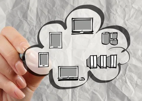 Hand drawing cloud computing diagram with crumpled paper as concept Ilustración de archivo