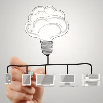 Hand drawing cloud network with light bulb doodle diagram on the new computer Stock Illustration