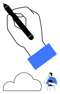 Hand Drawing a Cloud While a Man Contemplates Below, Peering Up Stockillustratie