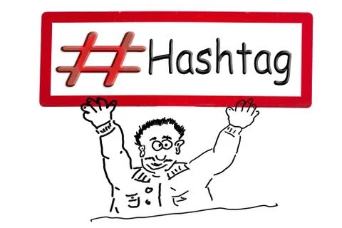 Hand drawing comic figure with sign inscription # Hashtag. Stock Illustration