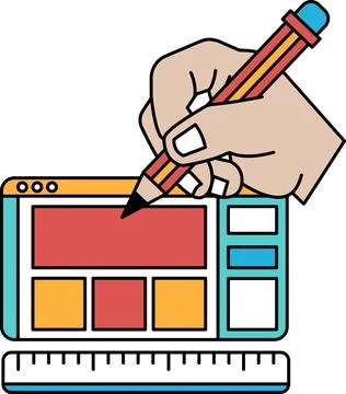 A hand is drawing on a computer screen with a pencil Illustrazione stock