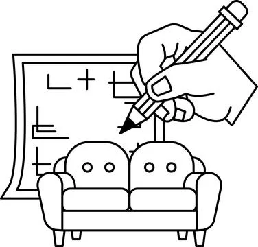 A hand is drawing a couch on a piece of paper Stock Illustration