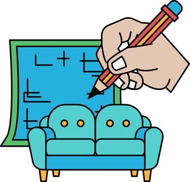 A hand is drawing a couch on a piece of paper Stock Illustration