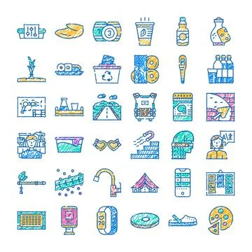 Hand drawing creating various doodle line art icons Stock Illustration