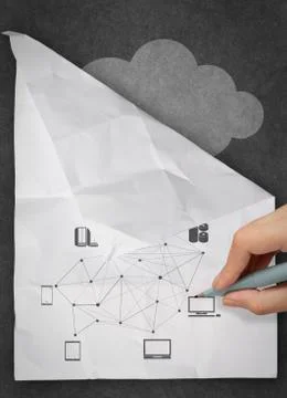 Hand drawing crumpled paper cloud computing diagram Ilustración de archivo