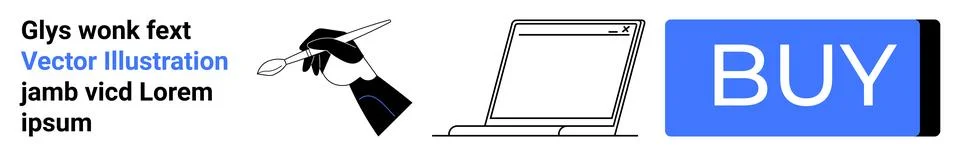 Hand drawing a cursor, placeholder text, laptop sketch, and blue BUY button.. Stock-Illustration
