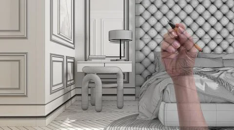 Hand drawing custom classic room, bedroom with double bed, bedside table with 스톡 일러스트