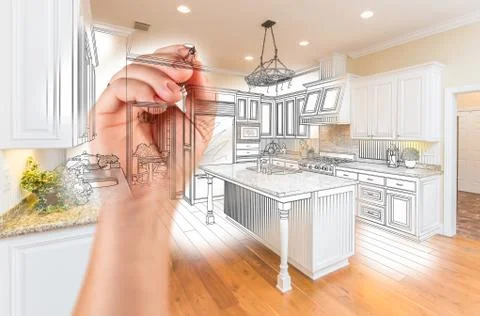 Hand Drawing Custom Kitchen Design With Gradation Revealing Photograph. Stock Photos
