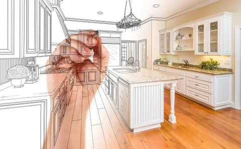 Hand Drawing Custom Kitchen Design With Gradation Revealing Photograph. Stock Photos