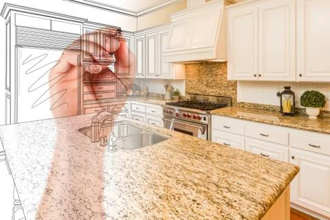 Hand Drawing Custom Kitchen Design With Gradation Revealing Photograph. Stock Photos